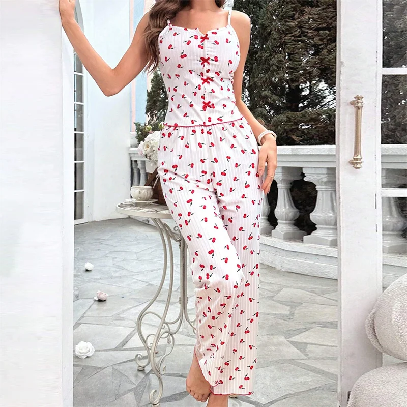 Cherry Heart Print Backless Cami Top & Elastic Waist Pants Set - Y2K Valentine's Day Loungewear