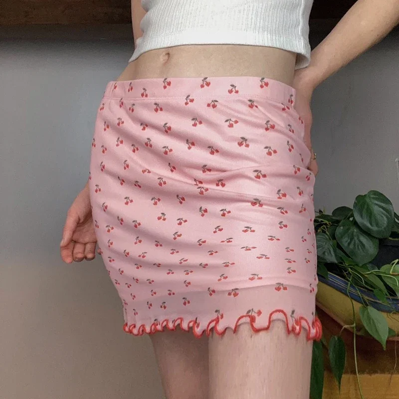 Cherry Print Y2K Mini Skirt - Women's High Waist Mesh Patchwork Ruched Double Layer Short Skirt