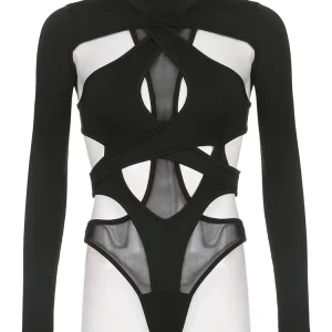 Chic Black Y2K Bodysuit - Sheer Mesh Irregular Cutout for Party Club