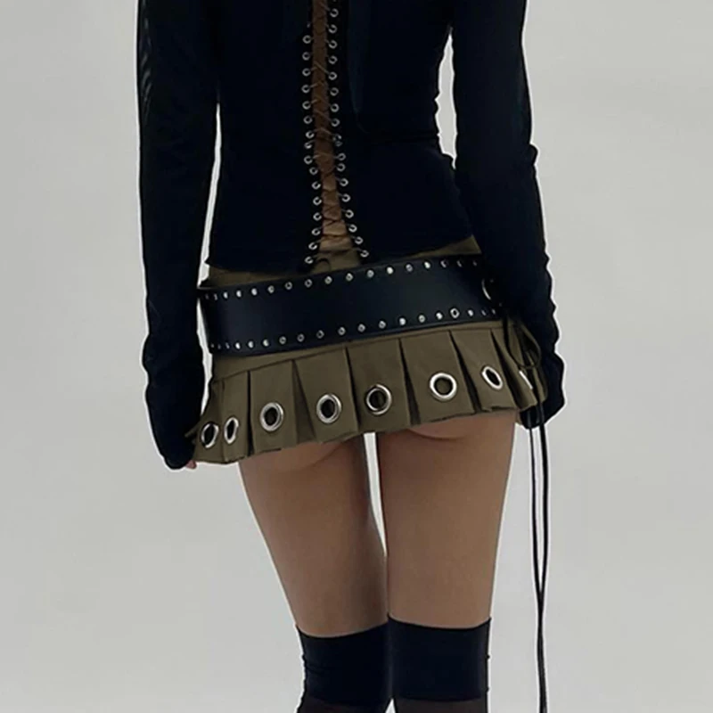 Chic Eyelet Pleated Super Short Skirt with Belt - Grunge A-line Y2K Punk Style Streetwear