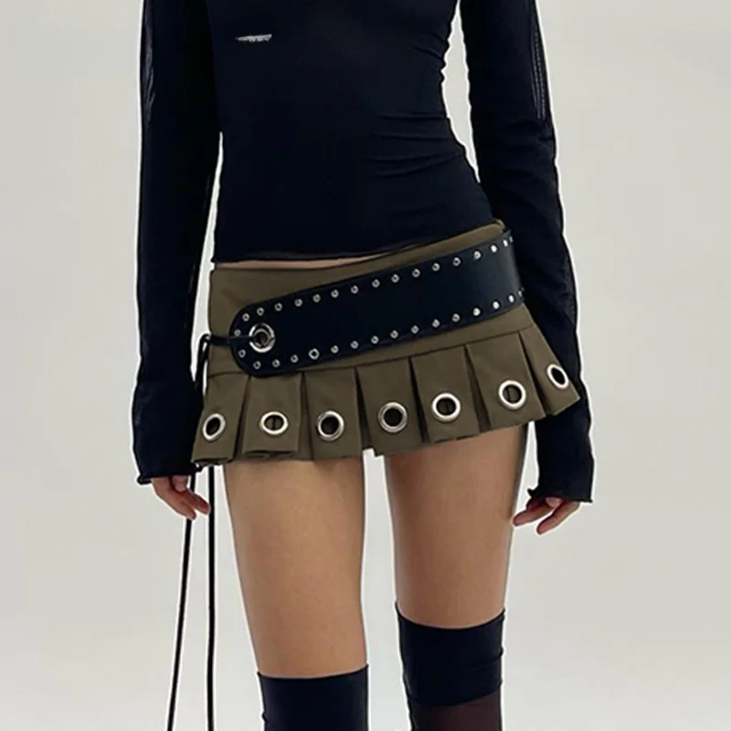 Chic Eyelet Pleated Super Short Skirt with Belt - Grunge A-line Y2K Punk Style Streetwear