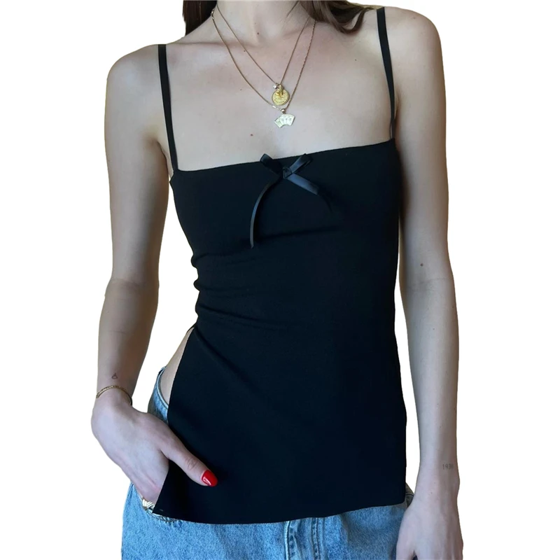 Coquette Top: Y2K Black Spaghetti Strap Camisole with Bow - Streetwear Fashion