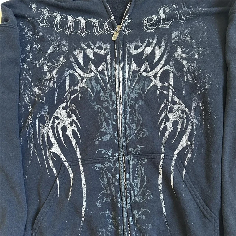 Cyber Y2K Aesthetic Wings Print Sweatshirt - Grunge Emo Goth Hoodie