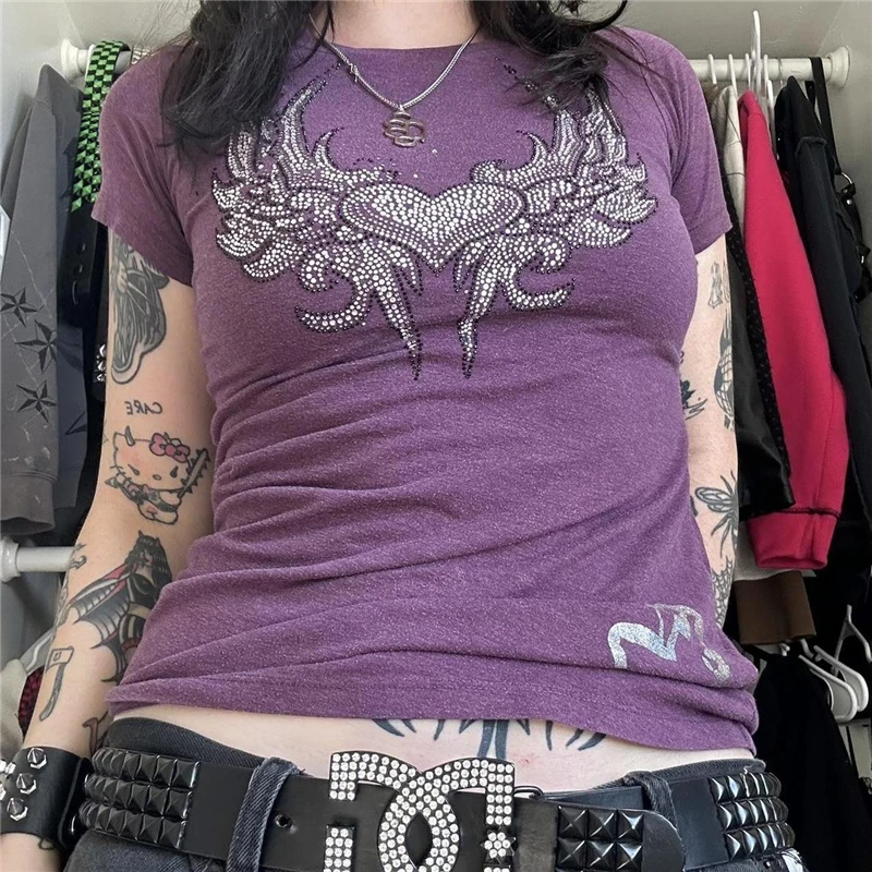 Cyber Y2K Emo Rhinestone Cross Print Crop Top - Fairycore Aesthetic Streetwear