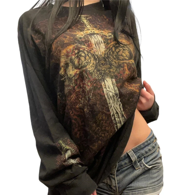 Cybercore 2000s Aesthetic Graphic Print Long Sleeve T-Shirt - Gothic Punk Y2K Streetwear