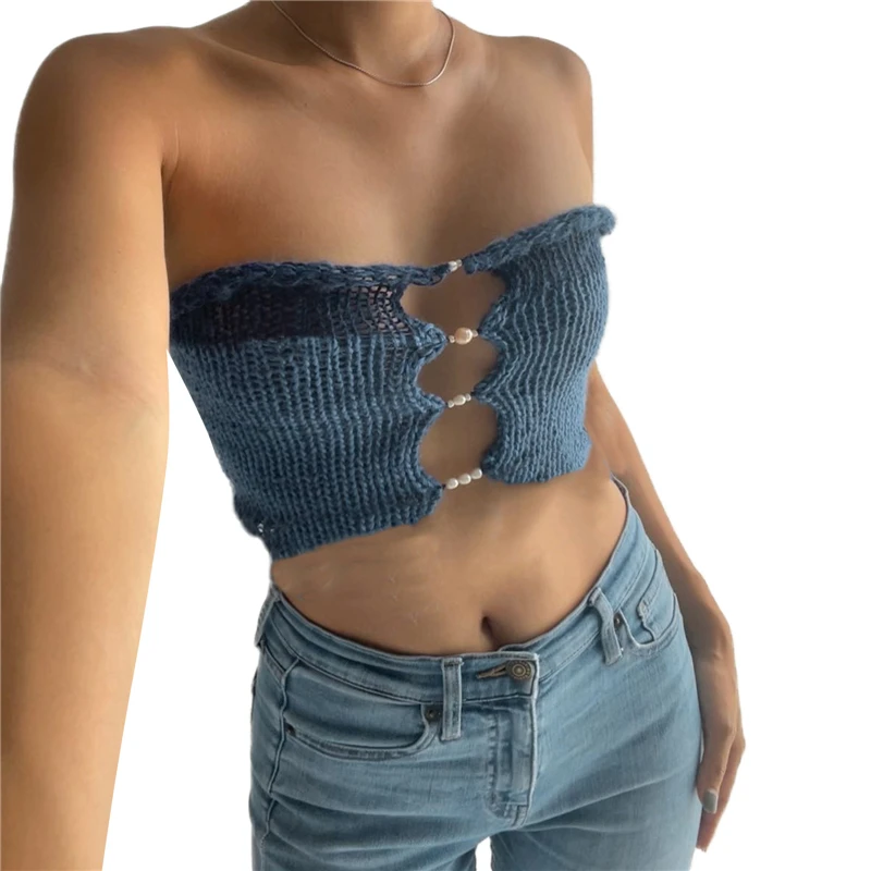 Fairy Grunge Knitted Crop Top with Pearl Detail - Y2K Streetwear