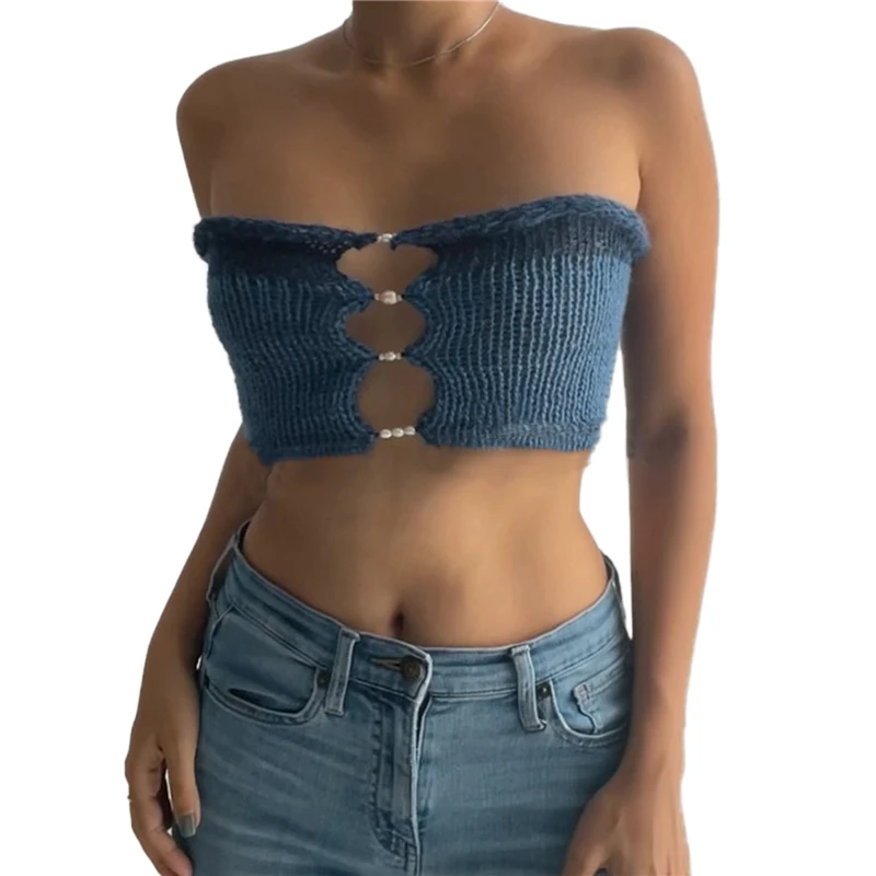 Fairy Grunge Knitted Crop Top with Pearl Detail - Y2K Streetwear