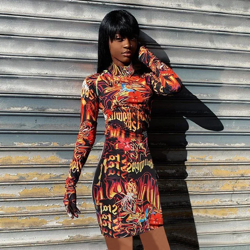 Fire Flame Print Mini Dress: Y2K Turtleneck Bodycon Dress