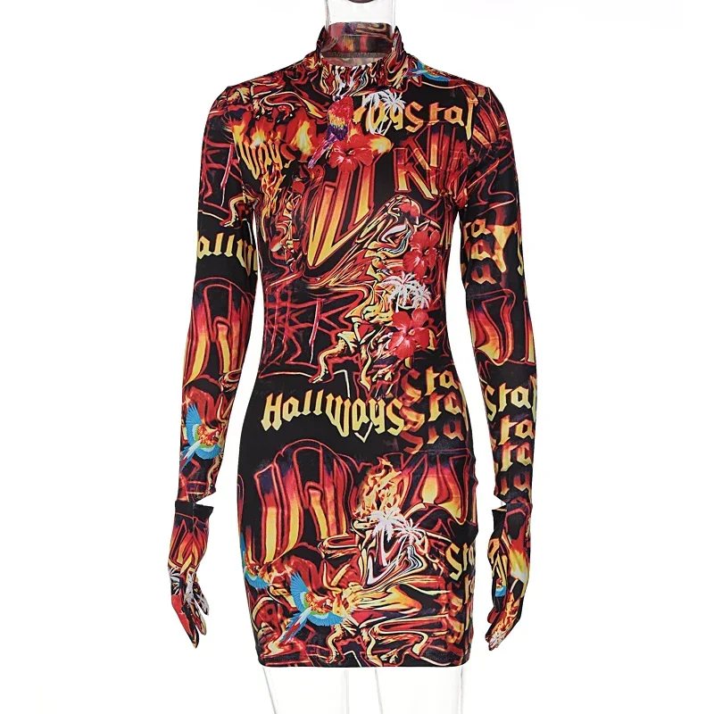 Fire Flame Print Mini Dress: Y2K Turtleneck Bodycon Dress