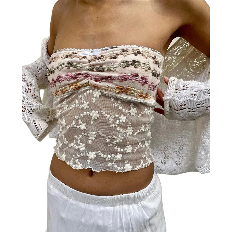 Floral Crop Top Y2K Aesthetic Lace Trim Off Shoulder Tank - Mesh Streetwear