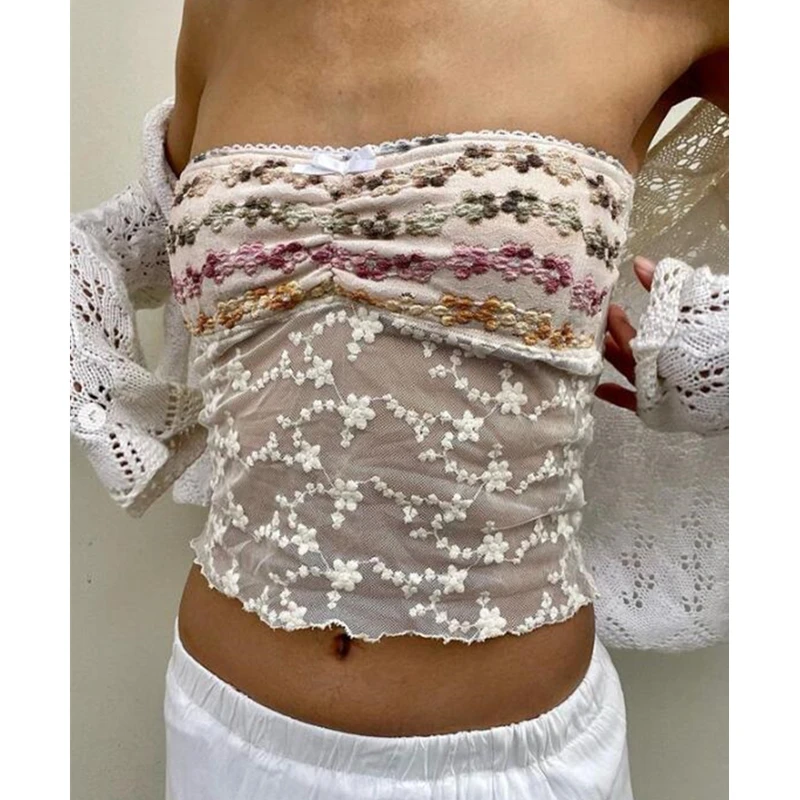 Floral Crop Top Y2K Aesthetic Lace Trim Off Shoulder Tank - Mesh Streetwear