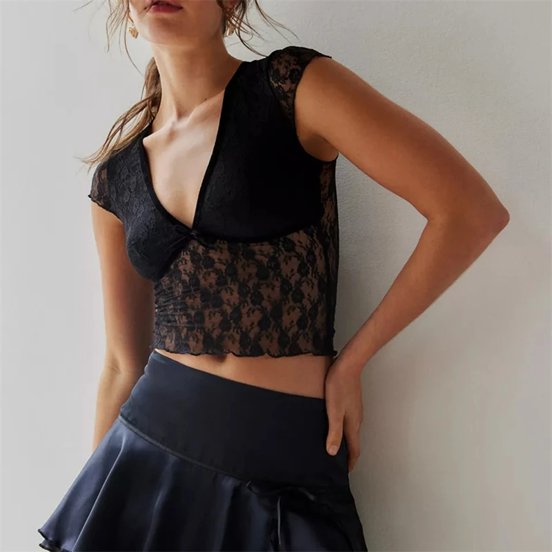 Floral Lace Sheer Crop Top - Y2K Aesthetic Sexy V-Neck Sleeveless Tank