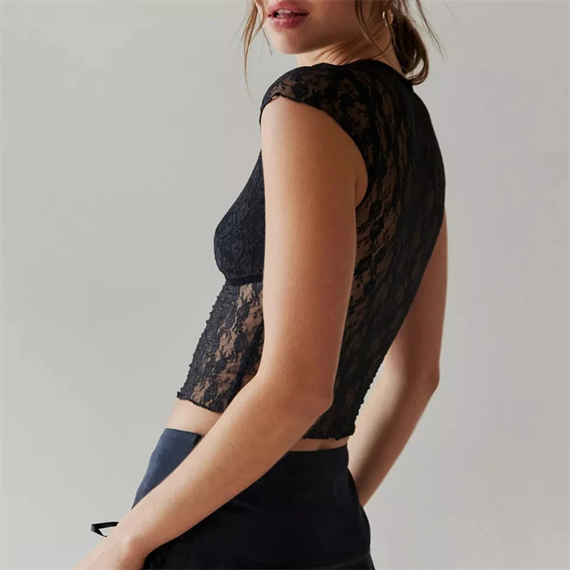 Floral Lace Sheer Crop Top - Y2K Aesthetic Sexy V-Neck Sleeveless Tank