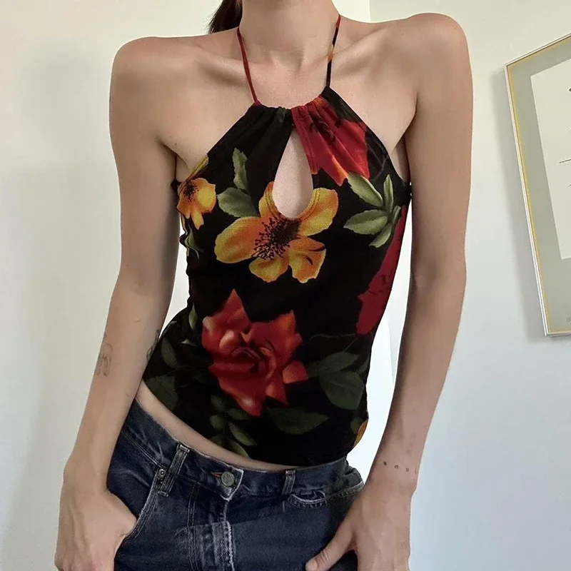 Floral Print Cut-Out Halter Tank Top - Y2K Fashion Slim Fit