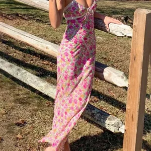 Floral Print Wrap Long Dress - 90s E-girl Aesthetic Summer Sleeveless V-Neck