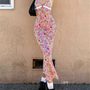 Floral Print Wrap Long Dress - 90s E-girl Aesthetic Summer Sleeveless V-Neck