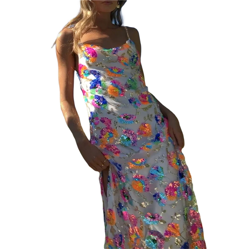 Floral Sequin Y2K Club Party Dress - Spaghetti Strap Sleeveless High Split Backless Outfit