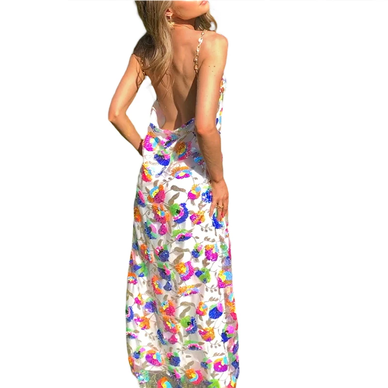 Floral Sequin Y2K Club Party Dress - Spaghetti Strap Sleeveless High Split Backless Outfit