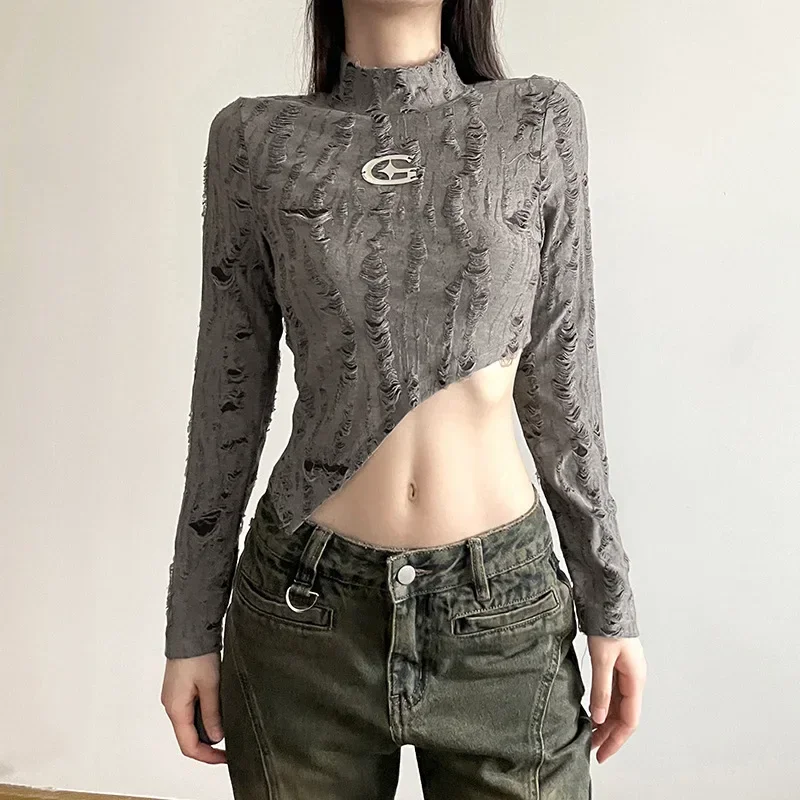 Frayed Hollow Out Grunge Y2k Crop Tops Gothic Vintage Skew Hem Sexy Women T-shirts