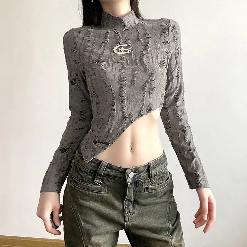 Frayed Hollow Out Grunge Y2k Crop Tops Gothic Vintage Skew Hem Sexy Women T-shirts