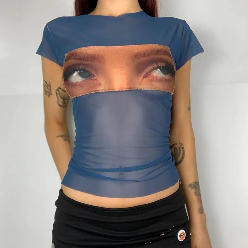 Funny Eyes Printed Mesh Crop Top - Y2K Aesthetic Tee for Women