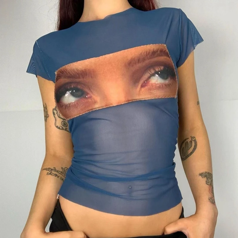 Funny Eyes Printed Mesh Crop Top - Y2K Aesthetic Tee for Women