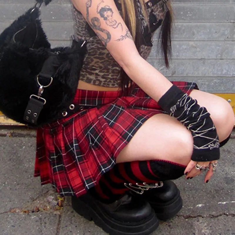 Goth Dark 90s Grunge Streetwear Plaid Mini Skirts Gothic Punk Eyelet Strap Pleated Skirt Y