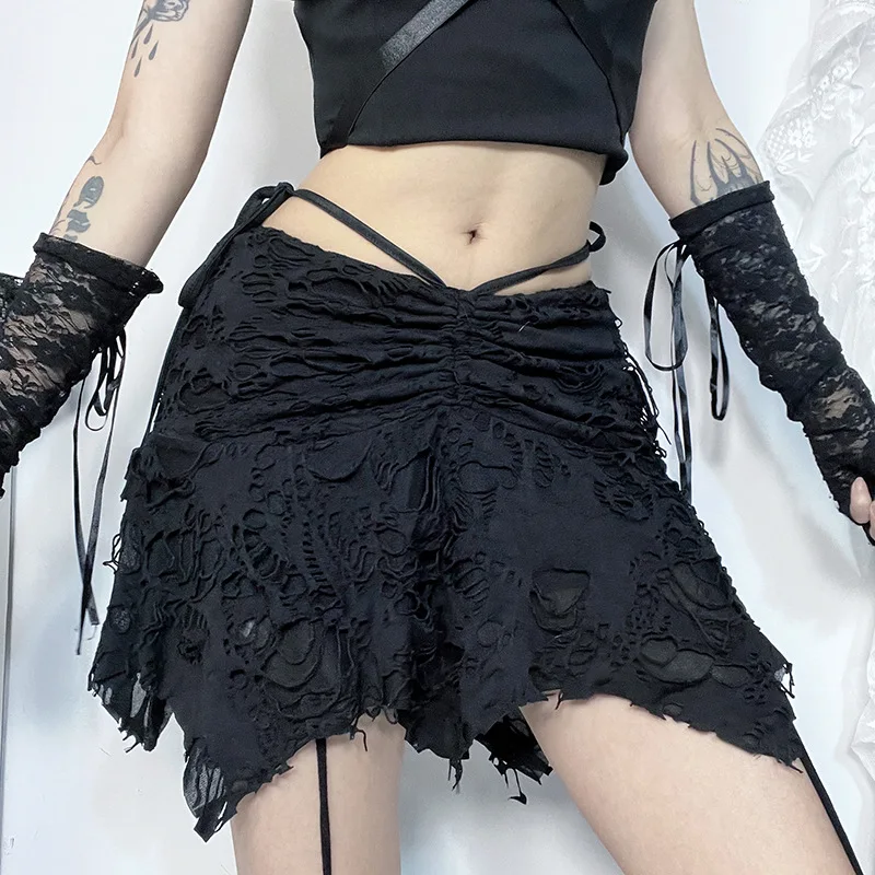 Goth Dark Casual Mall Goth Black Holes Irregular Hem Short Skirt Harajuku Aesthetic Mini