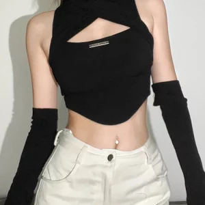 Goth Dark Cyber Y2k Hollow Out Tank Top - Punk Gothic Turtleneck Crop Top