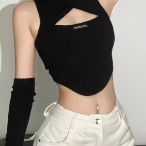 Goth Dark Cyber Y2k Hollow Out Tank Top - Punk Gothic Turtleneck Crop Top