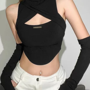 Goth Dark Cyber Y2k Hollow Out Tank Top - Punk Gothic Turtleneck Crop Top