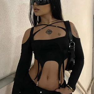 Goth Dark Grunge Cyber Y2k Cut Out Irregular T-shirts - Punk Bodycon Sexy Crop Tops