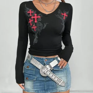 Goth Dark Retro Grunge Y2k Fairy Cross Pattern V-neck T-shirts