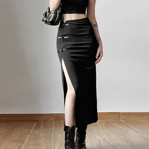 Goth Dark Streetwear Black Y2k Cargo Midi Skirt - Grunge Gothic Split High Waist