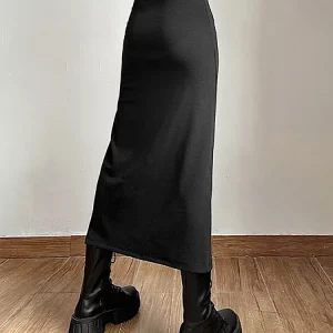 Goth Dark Streetwear Black Y2k Cargo Midi Skirt - Grunge Gothic Split High Waist