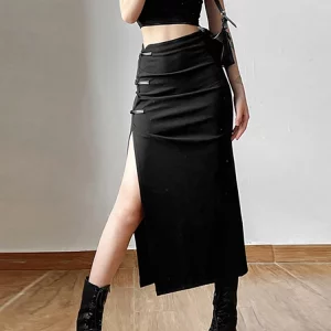 Goth Dark Streetwear Black Y2k Cargo Midi Skirt - Grunge Gothic Split High Waist