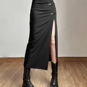 Goth Dark Streetwear Black Y2k Cargo Midi Skirt - Grunge Gothic Split High Waist