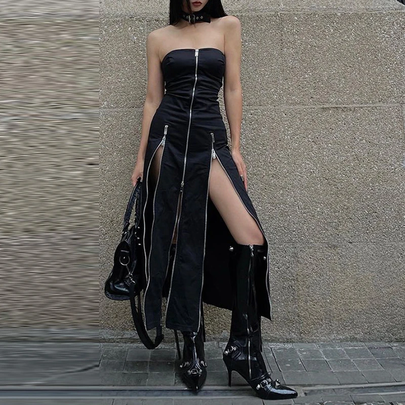 Goth Dark Techwear Fashion Zip Up Midi Dress - Cyber Y2k Mall Gothic Split Tube Dress