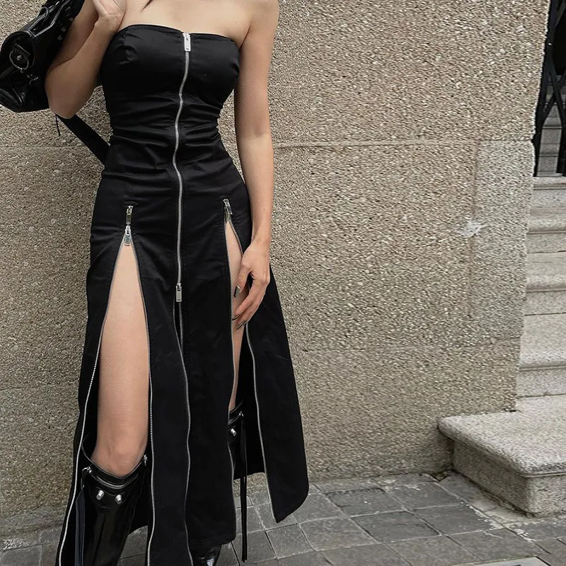 Goth Dark Techwear Fashion Zip Up Midi Dress - Cyber Y2k Mall Gothic Split Tube Dress