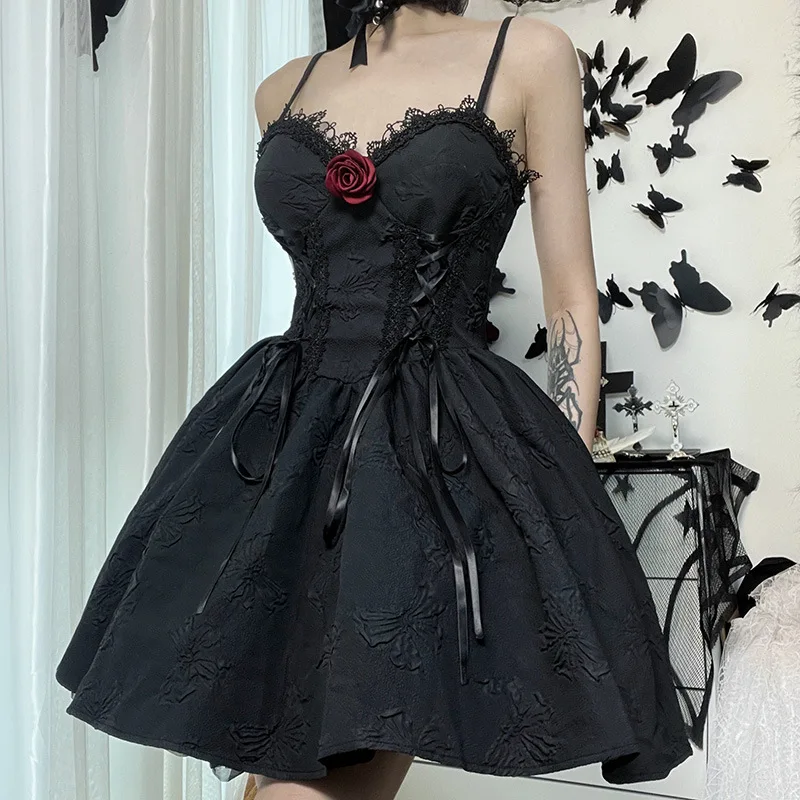 Goth Print Rose Lace-Up A-Line Dress - Y2K Fairy Grunge Sexy Backless Fashion