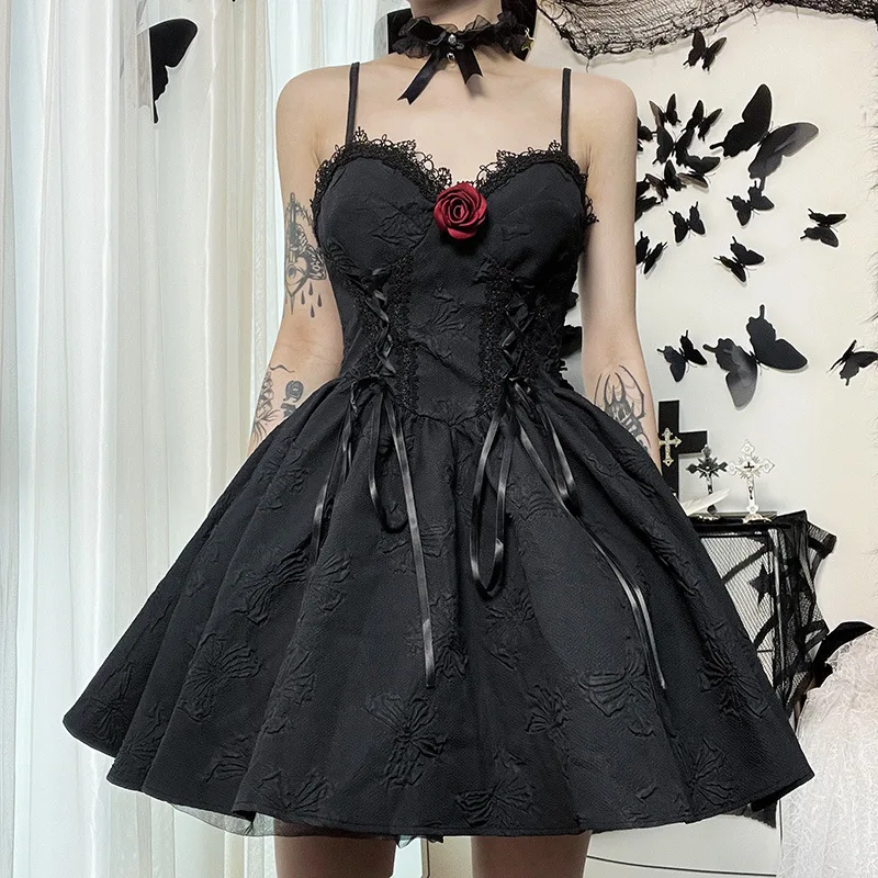 Goth Print Rose Lace-Up A-Line Dress - Y2K Fairy Grunge Sexy Backless Fashion