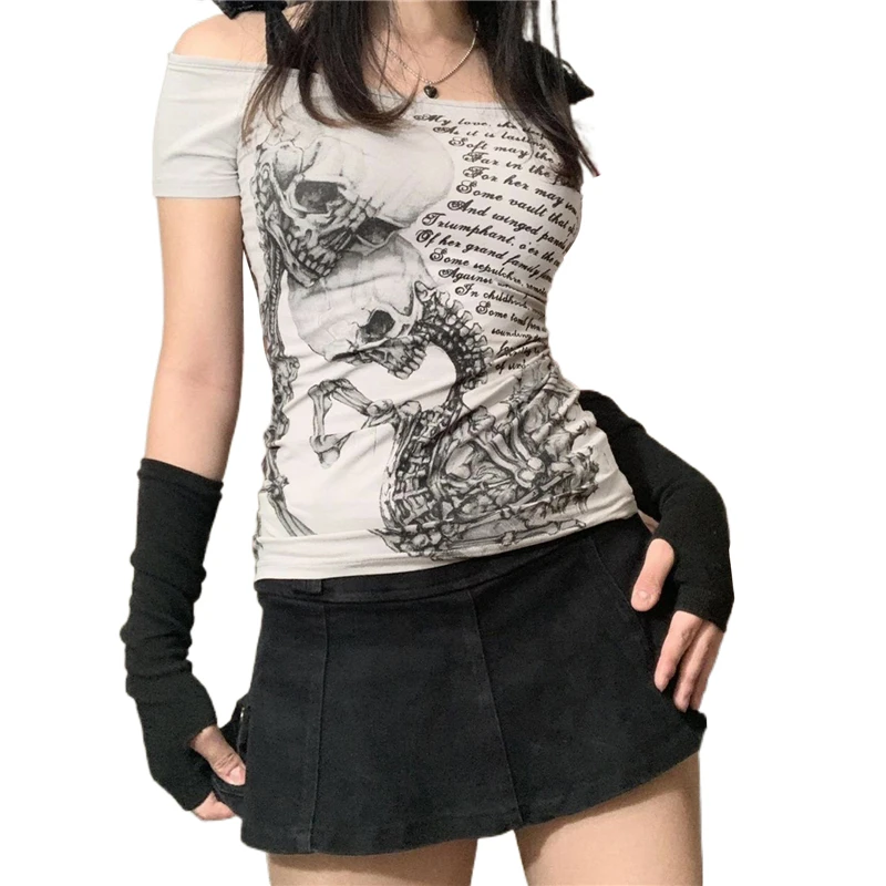 Goth Skull T Shirt - 2000s Aesthetic Grunge Fairy Core Off Shoulder Top