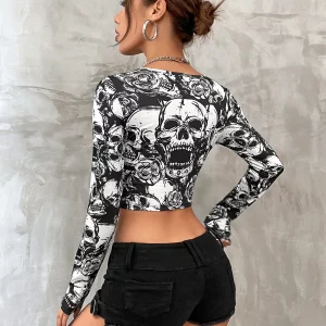 Gothic Aesthetic Skull Printed Crop Tops - Punk Streetwear Grunge Emo Alt Clothes