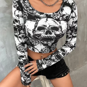 Gothic Aesthetic Skull Printed Crop Tops - Punk Streetwear Grunge Emo Alt Clothes