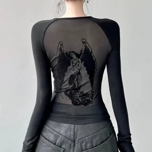 Gothic Angel Graphic Print Mesh Y2k T-shirt for Women - Punk Grunge Slim Fit