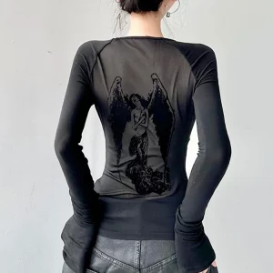 Gothic Angel Graphic Print Mesh Y2k T-shirt for Women - Punk Grunge Slim Fit