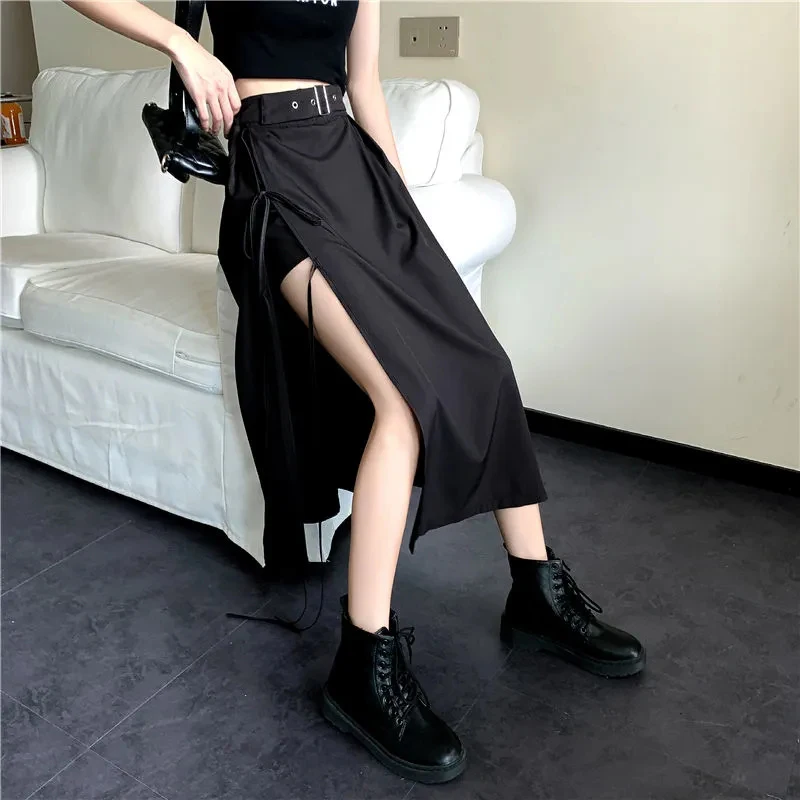 Gothic Black Irregular Midi Skirt - Oversized High Waist Streetwear A-Line Casual Pleated Skirt