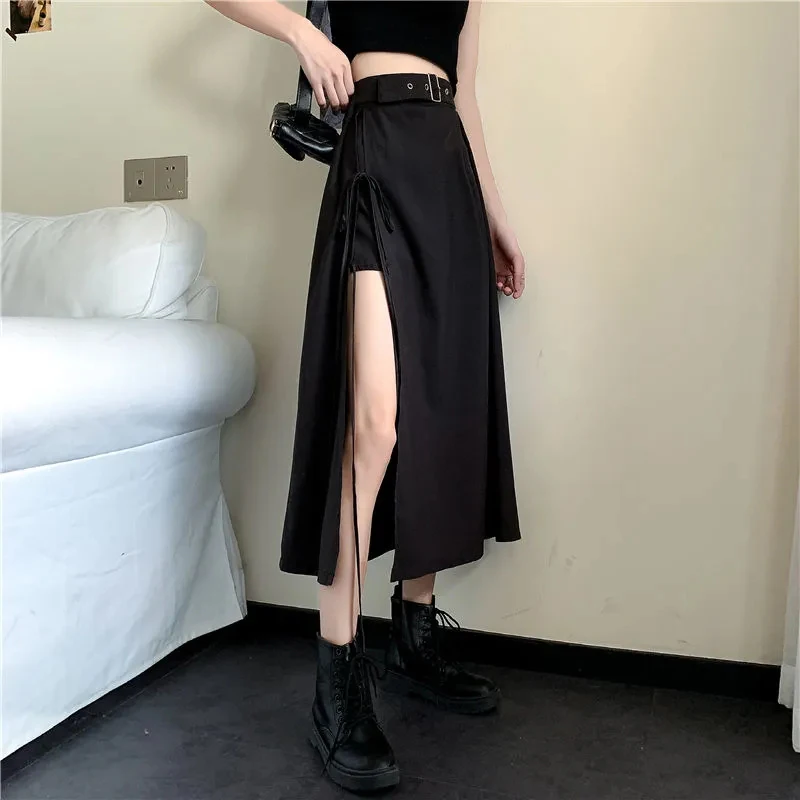 Gothic Black Irregular Midi Skirt - Oversized High Waist Streetwear A-Line Casual Pleated Skirt