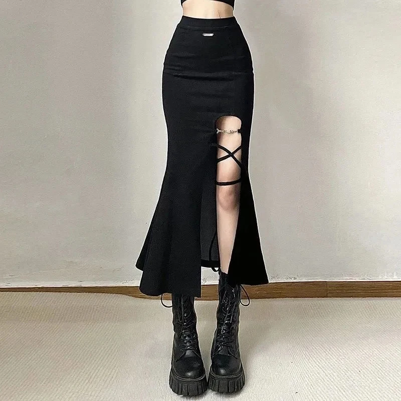 Gothic Black Sexy Split Midi Skirt - Y2K Summer Korean Bandage A-Line Streetwear