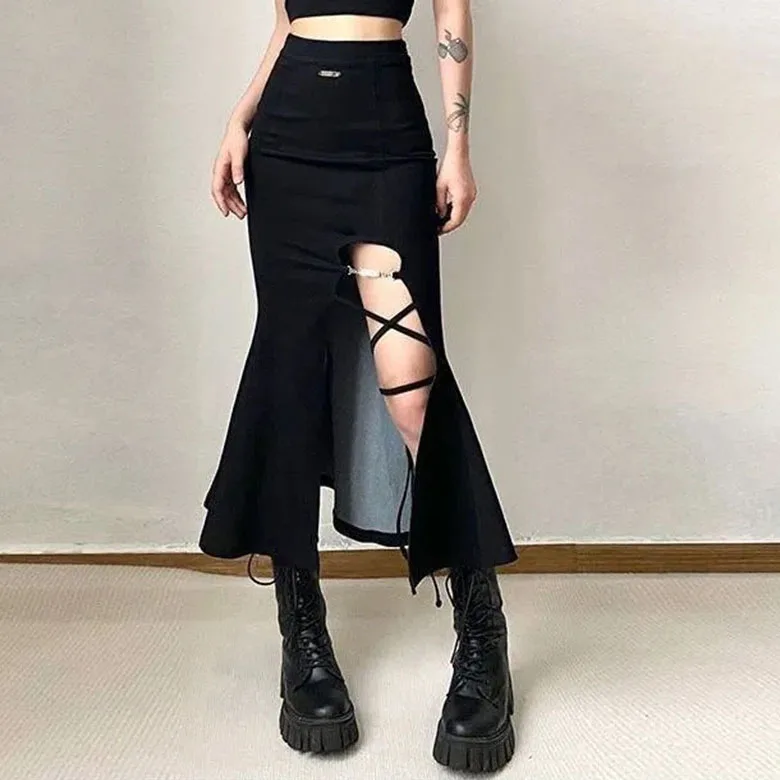 Gothic Black Sexy Split Midi Skirt - Y2K Summer Korean Bandage A-Line Streetwear